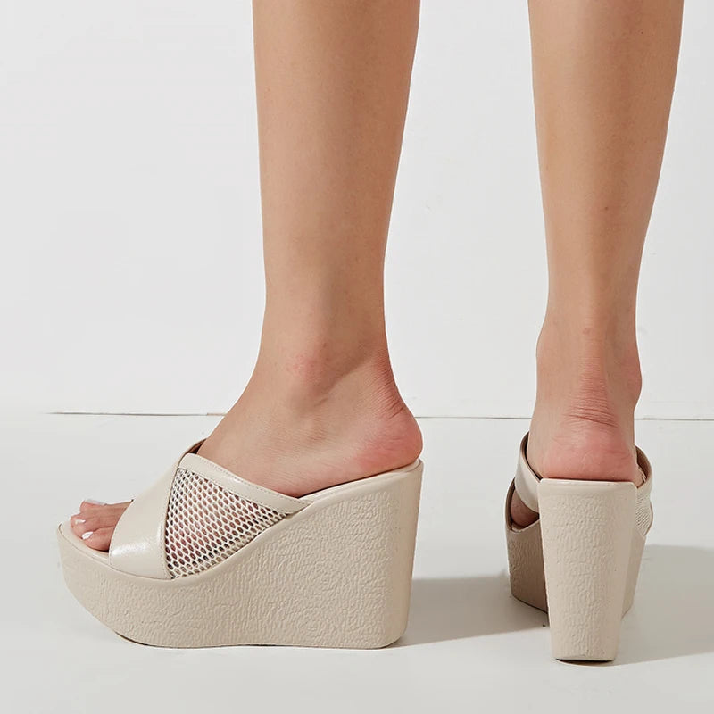 Liyke ’s Hollow Out Mesh Wedge Slippers Platform Sandals Black High Heels Open Toe Shoes
