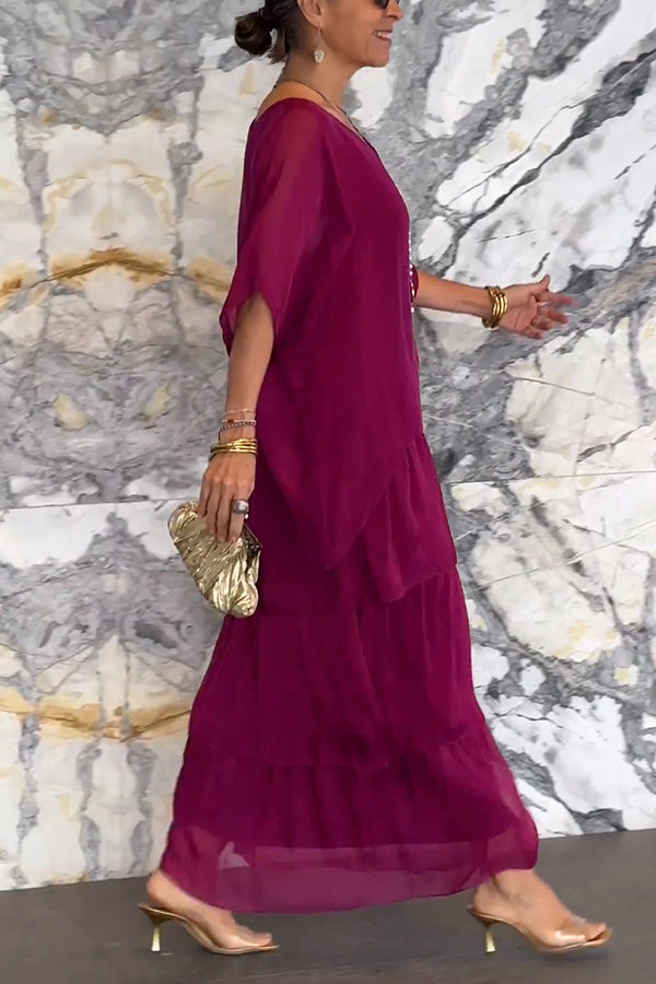 Color Crew Neck Loose Tiered Maxi Dress