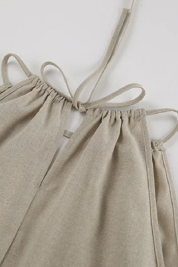 Cotton and Linen Cut-out Lace-up Vest & Wide-leg Pants Two-piece Set