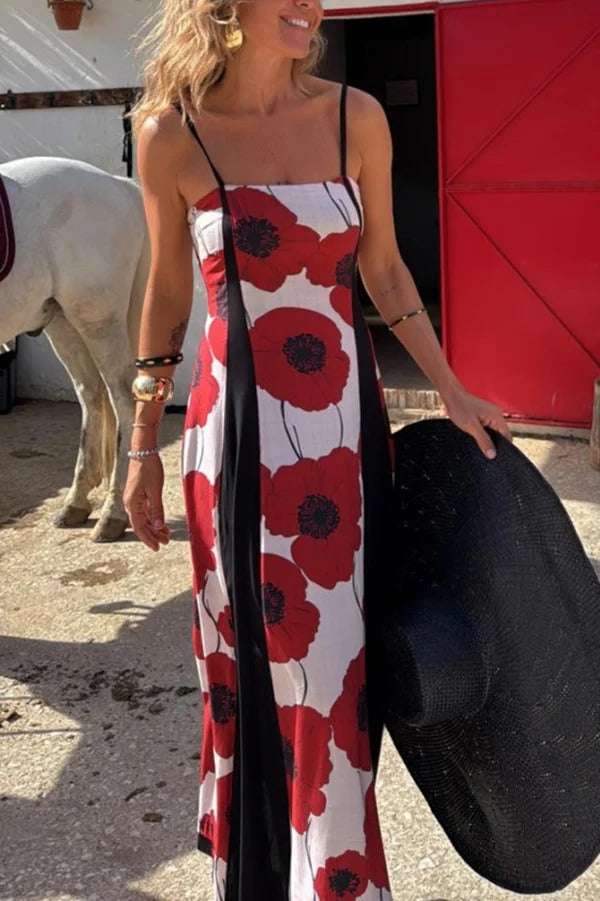 Print Suspenders Paneled Back Pleated Maxi Dress