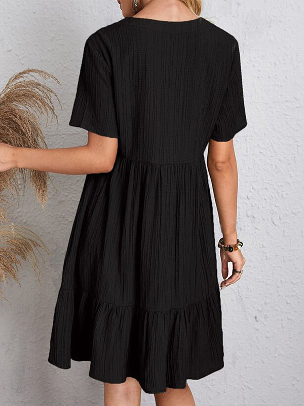 A-line Loose Pleated Color Split-joint V-neck Mini Dresses