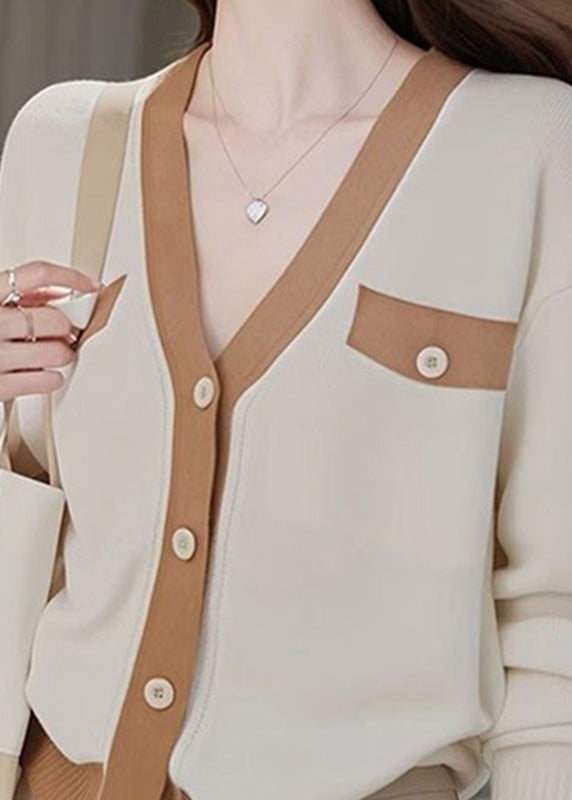 Colorblock V Neck Patchwork Button Cotton Knit Cardigans Fall Qp026