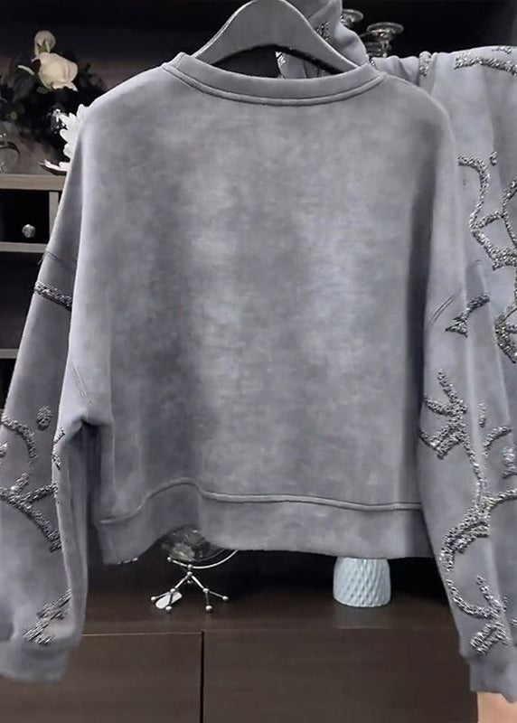 Grey O-neck Sequins Sweatshirt Fall Wd035