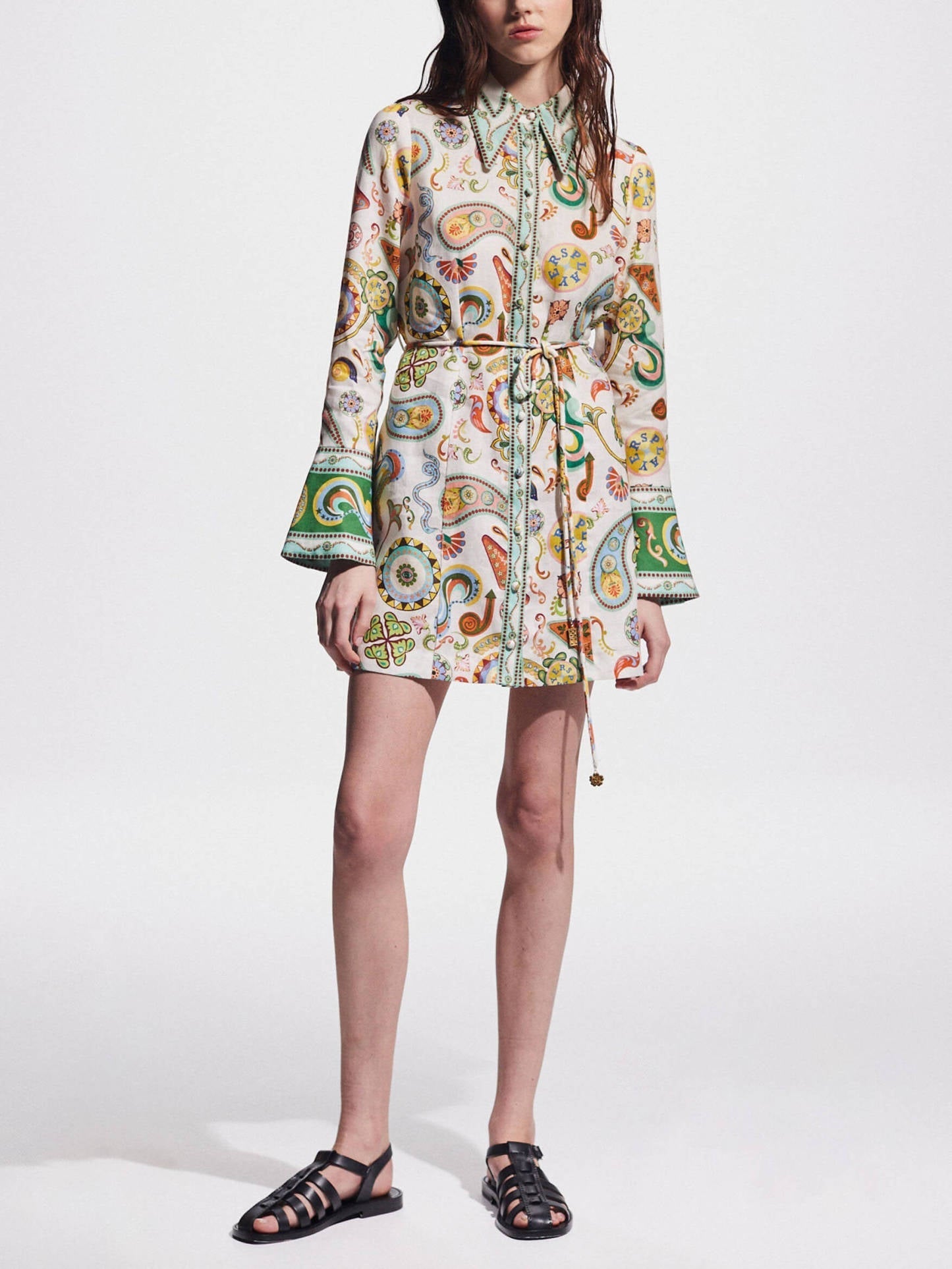 Exquisite and Fashionable Printed Trumpet Sleeve Mini Dress