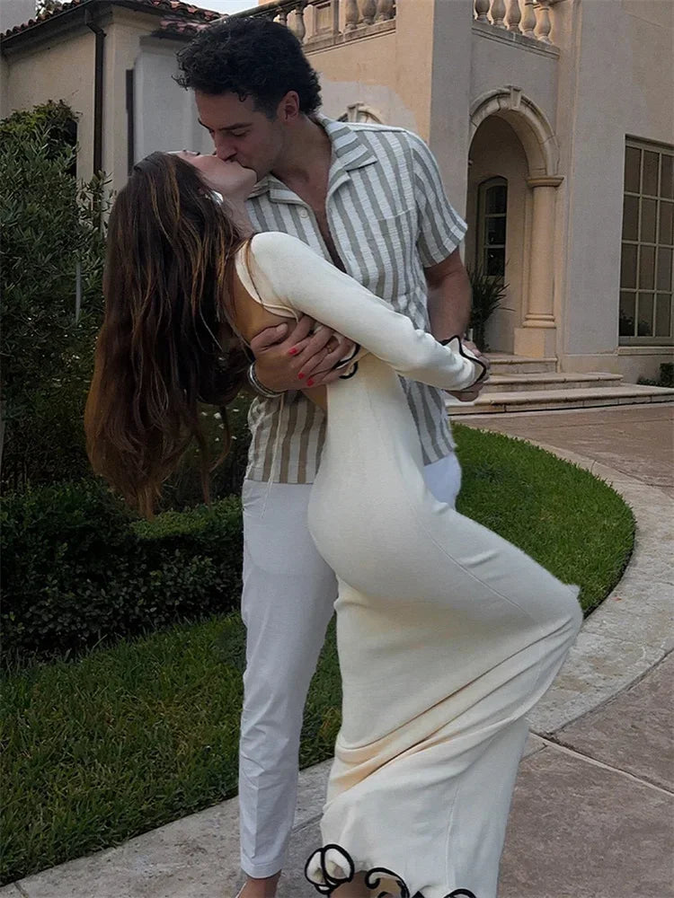 Knit Sweater Ruffled Long Dress Backless Ribbed Long Sleeve Party Dress Female Knitwear Autumn Dress