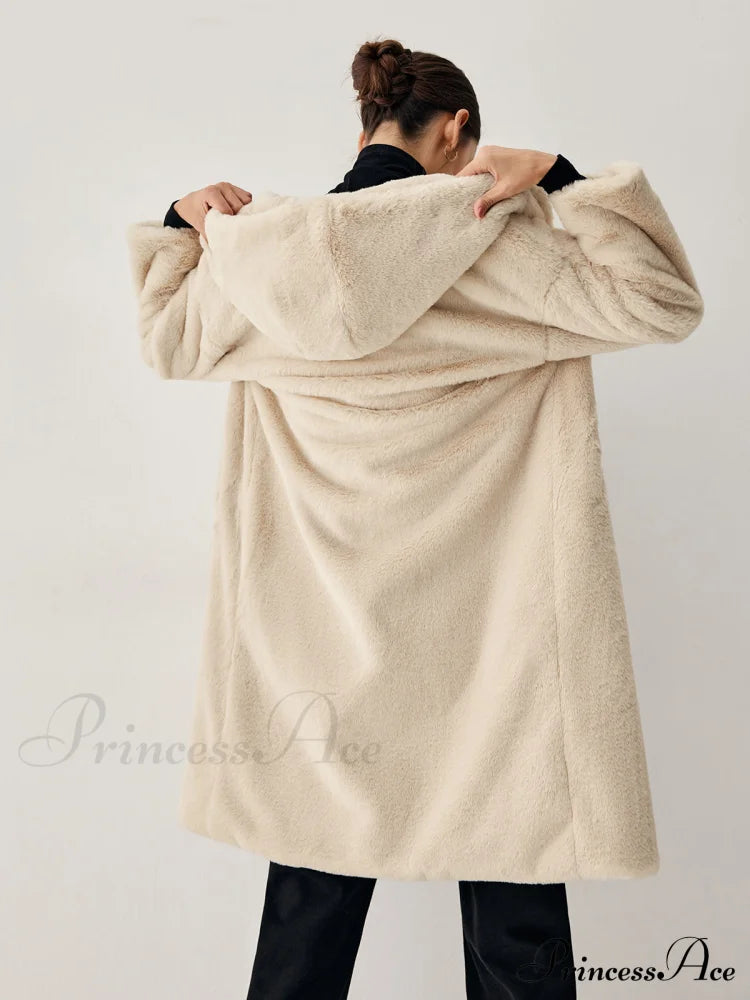 Apricot Faux Fur Hooded Longline Coat