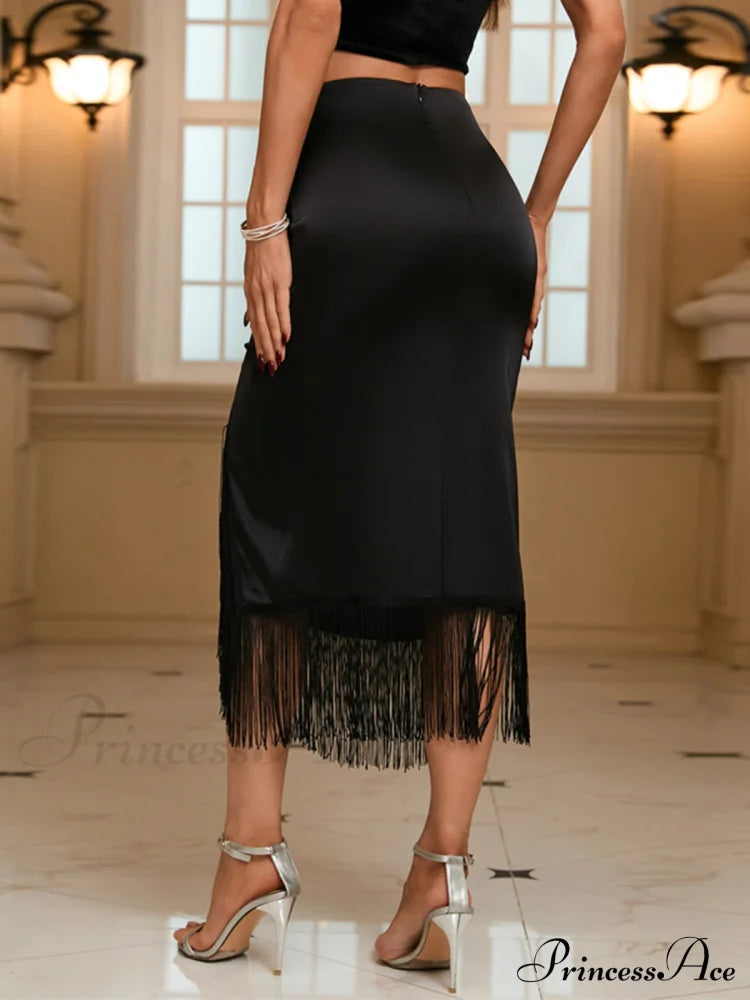 Asymmetric Satin Fringe Trim Ruched Midi Skirts