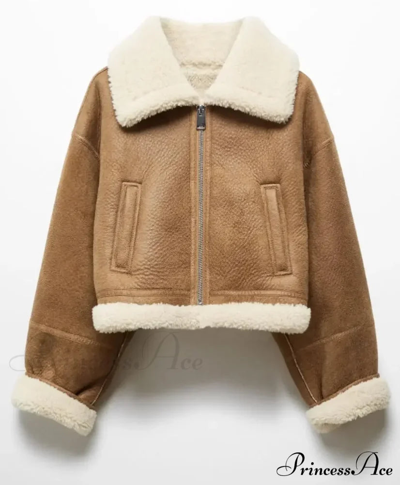 Autumn Faux Leather Cropped Warm Lapel Fleece Long Sleeve Stylish Coat