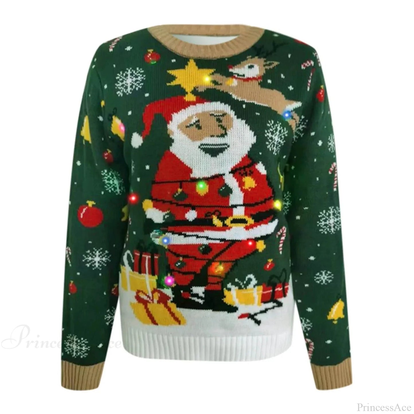 Autumn Winter Santa Jacquard Round Neck Retro Christmas Sweater With Led Light