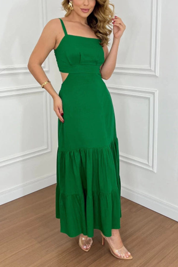Color Sleeveless Pleated Back Waist-baring Maxi Dress