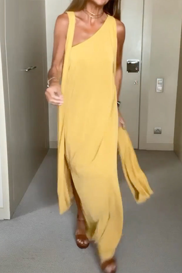 Asymmetric Color Sleeveless One-shoulder Maxi Dresses