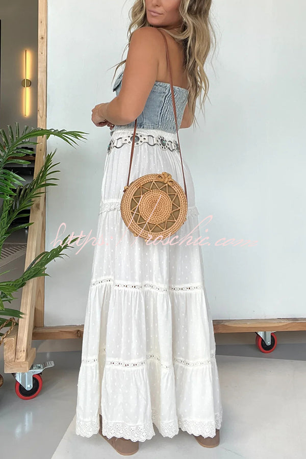 Lace Splicing Elastic Waist Loose High Slit Maxi Skirt