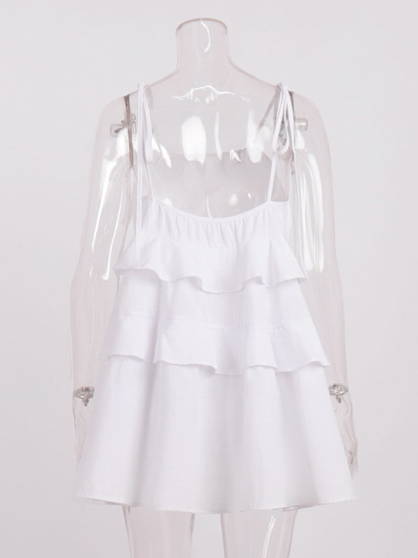 High Waisted Loose Backless Layered Pleated Color Tied Spaghetti-neck Mini Dresses