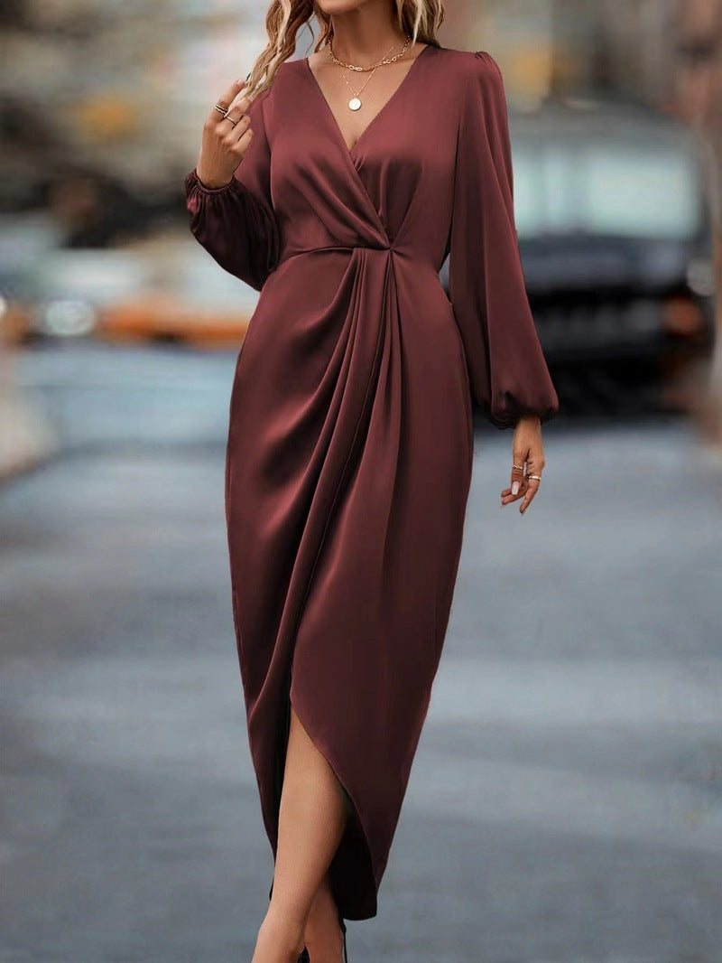 Red Draped V-neck Midi Dress