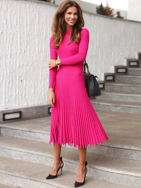 Ribbed Pleated Knit Dress Loose Patchwork Long Sleeve Dress High Waist Knitwear Female Autumn Maxi Dress New