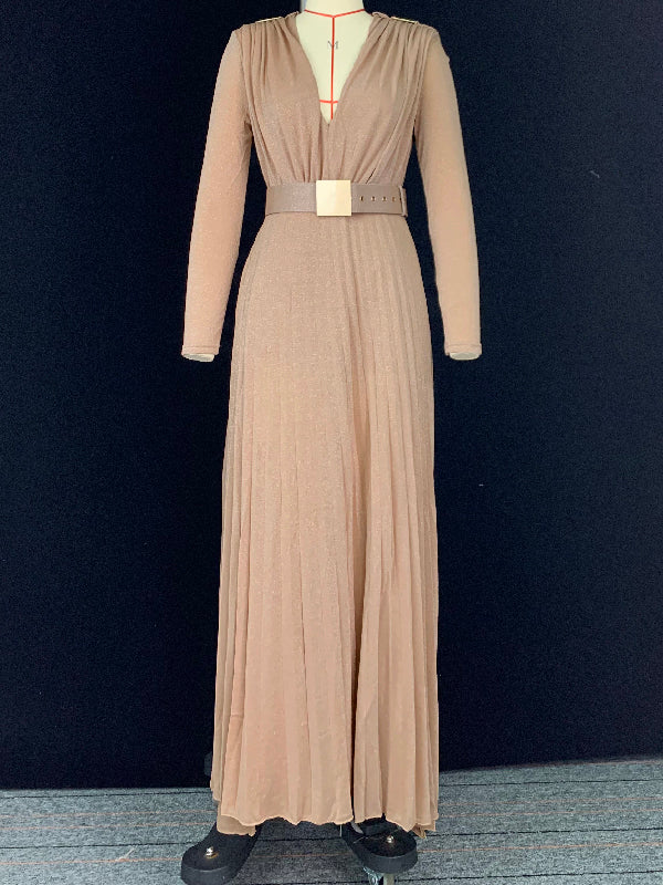 Long Sleeves Wrap Belted Pleated Color Split-side V-neck Evening Dresses Maxi Dresses