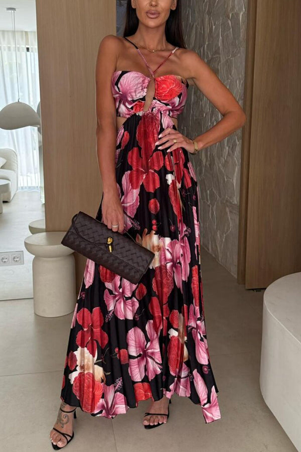 Casey Satin Print Cutout Halter Back Tie-up Pleated Maxi Dress