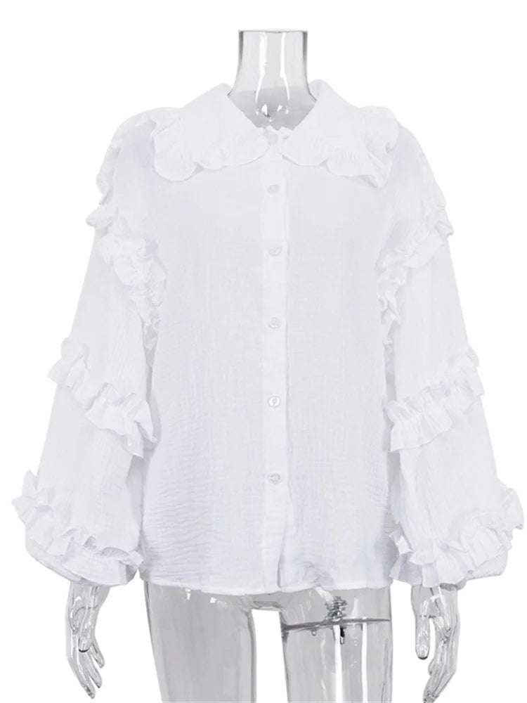 White Ruffled Shirts for Patchwork Cardigan Lapel Long Sleeve Outwear Slim Shirts New