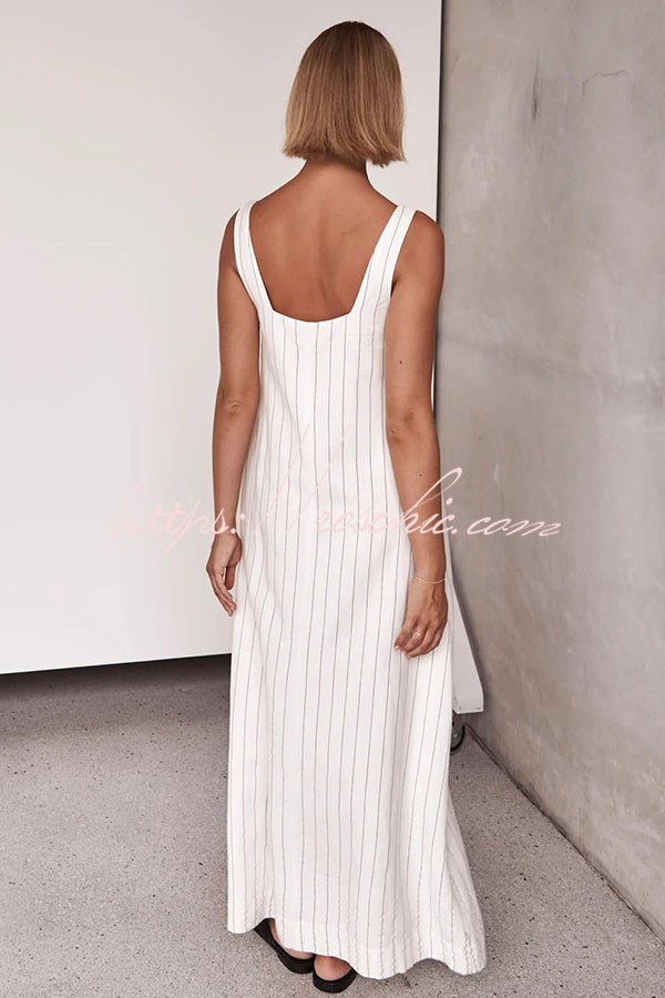 Simple and Linen Blend Pinstripe Detail Square Neck A-line Maxi Dress