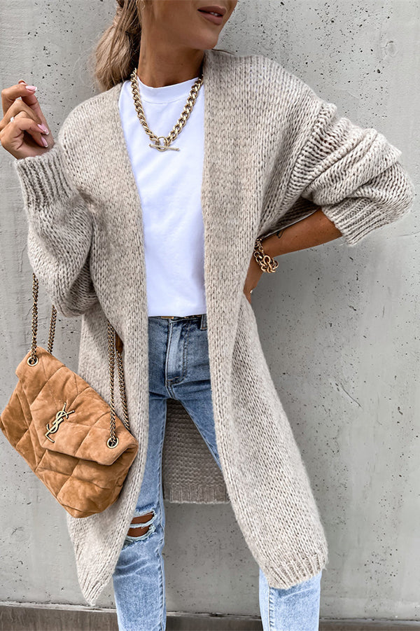 Color V-neck Knitted Long-sleeved Oversized Midi Cardigan