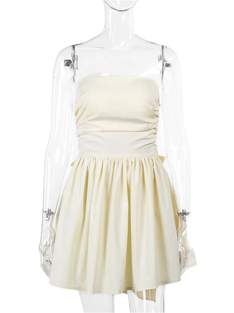 Tee Bow Bandeau Pleated Mini Dress for Sleeveless Patchwork Bandage Party Dress Female Lace-up Y2k Dress New