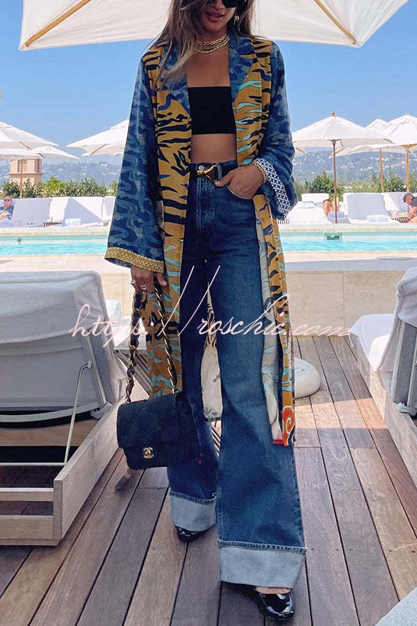 Tropical Jungle Tiger Unique Print Long Sleeve Belt Pocketed Kimono Coat