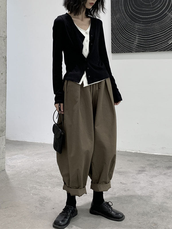 Simple Coffee Elasticity High-waisted Pockets Pleated Harem Pants Ws009