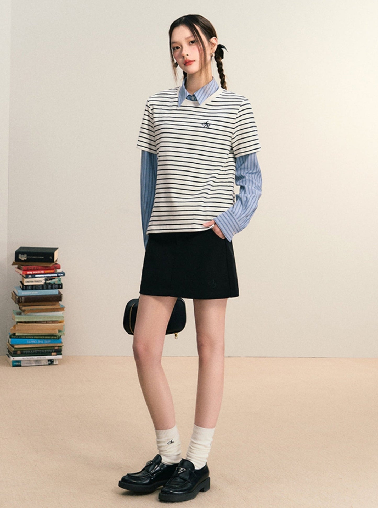 Layered Look Striped Tee Combo - Preppy Shirt-sweater Set