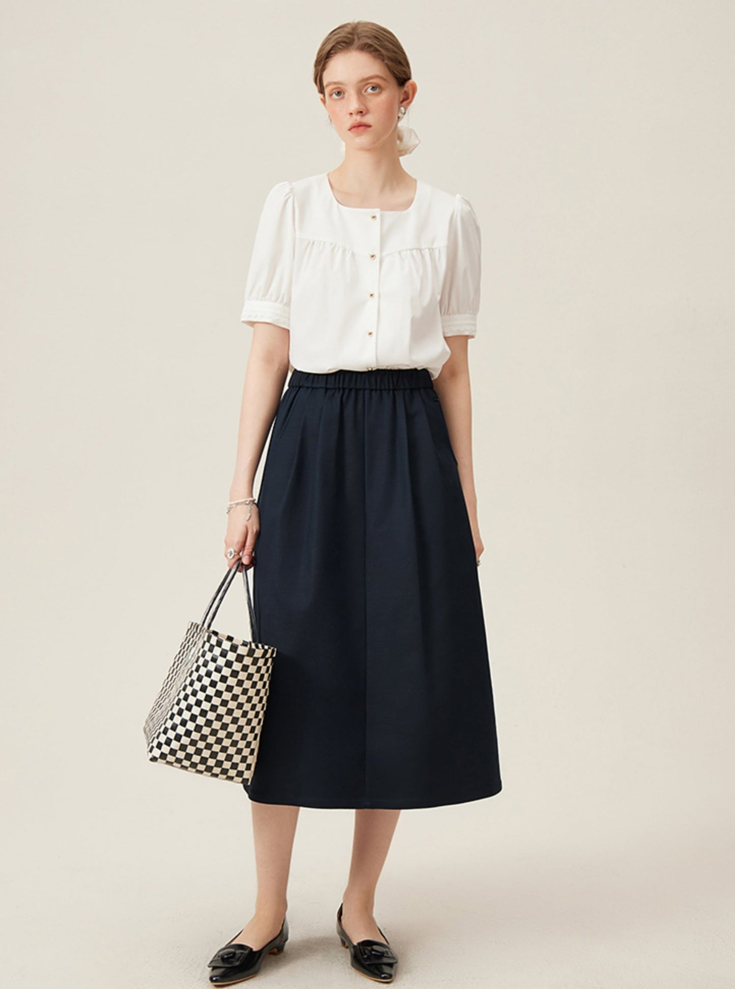 Preppy Elastic Midi Skirt - White A-line Tennis Skirt