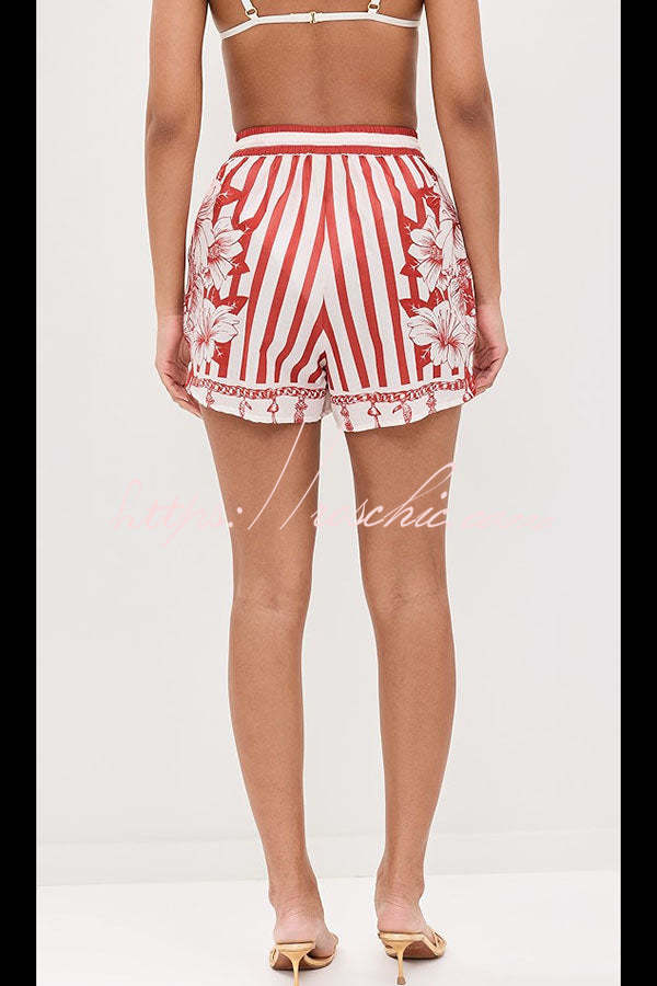 Like Paradise Print Wide Sleeve Shirt and Elastic Waist Pocketed Shorts Set