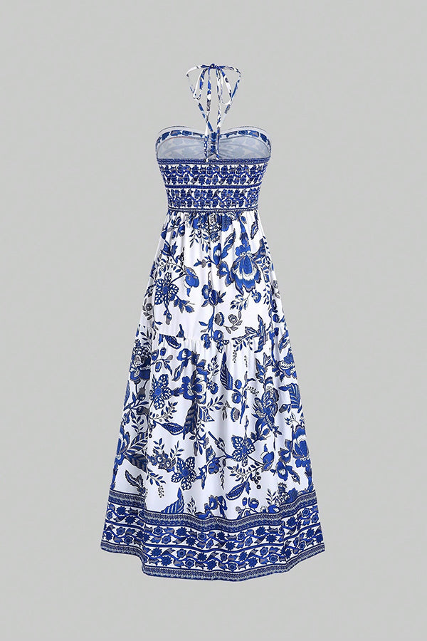 Holiday Style Unique Print Halter Neck Tie Slit Midi Dress