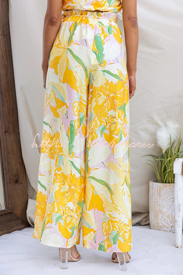 Soleila Print One Shoulder Tie-up Crop Top and Elastic Waist Pocket Loose Pants Set
