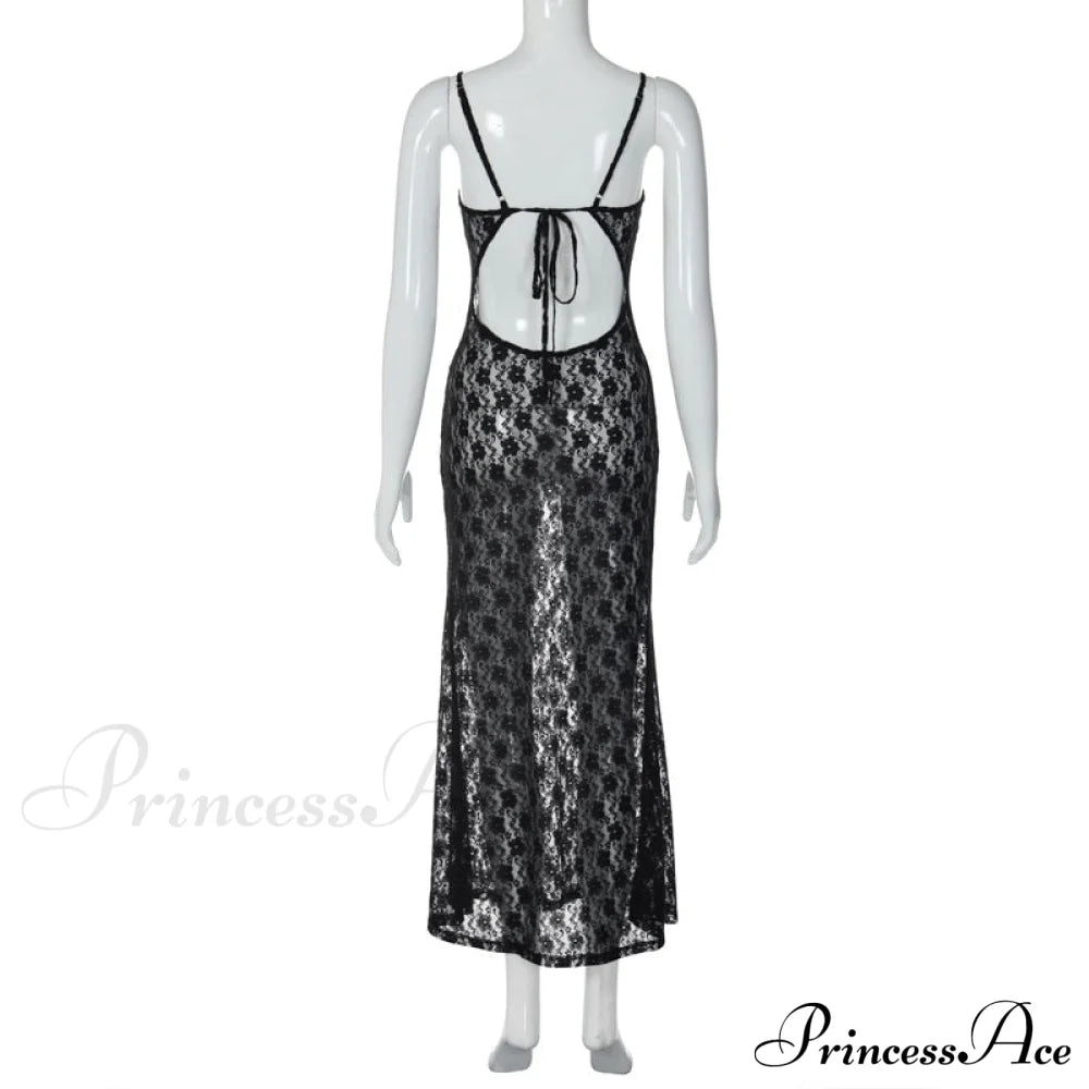Black Lace Mesh Charming Strap Midi Dress