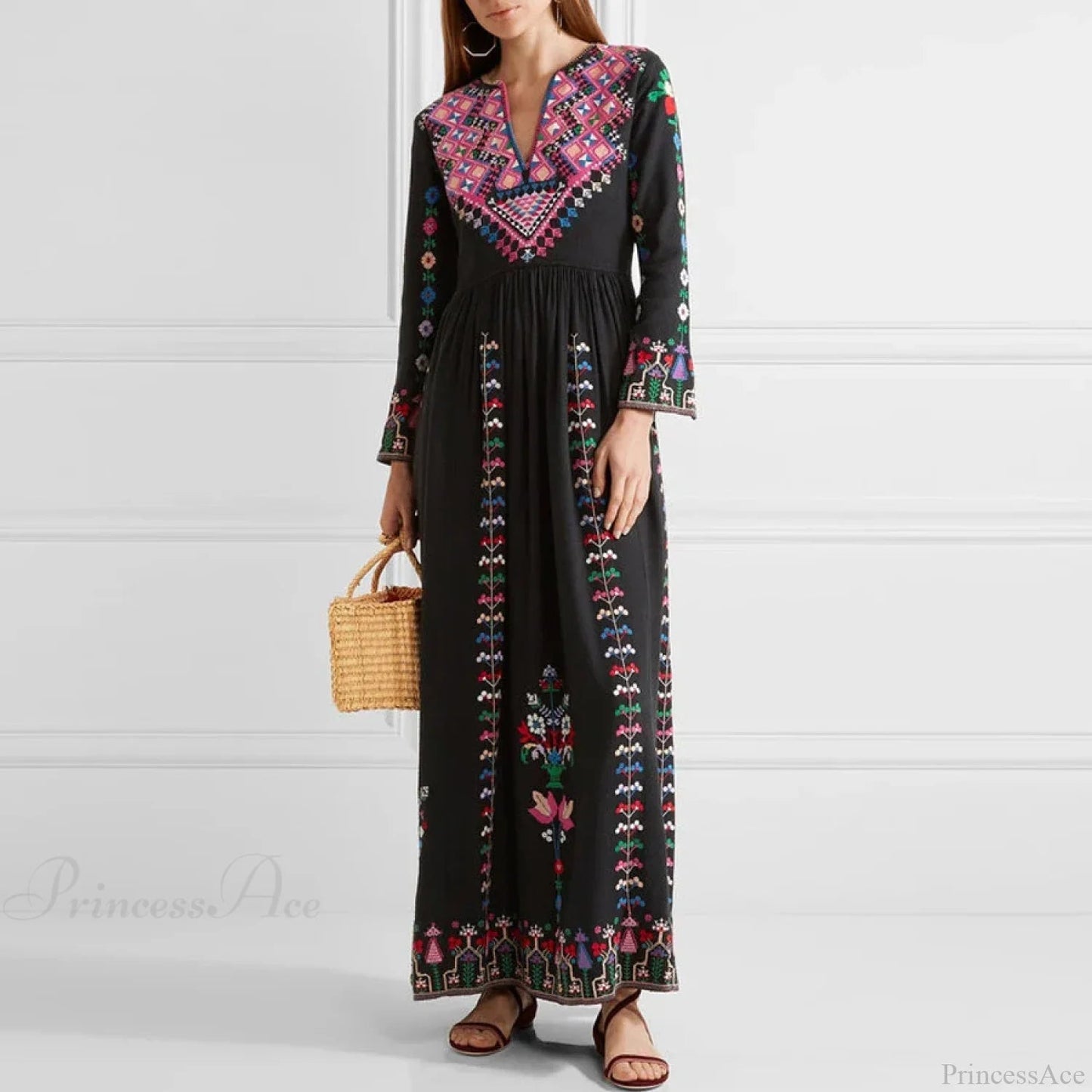 Long Dress Embroidery Rayon V-neck Dress