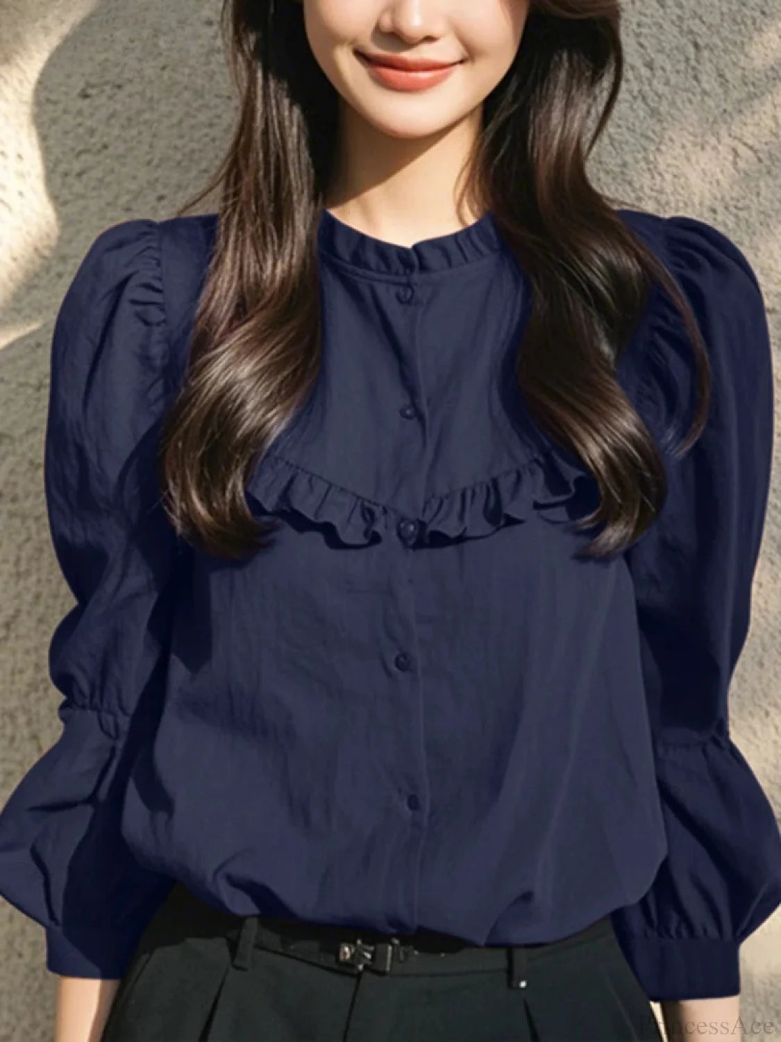 Button-up O-neck Lantern Sleeve Blouse