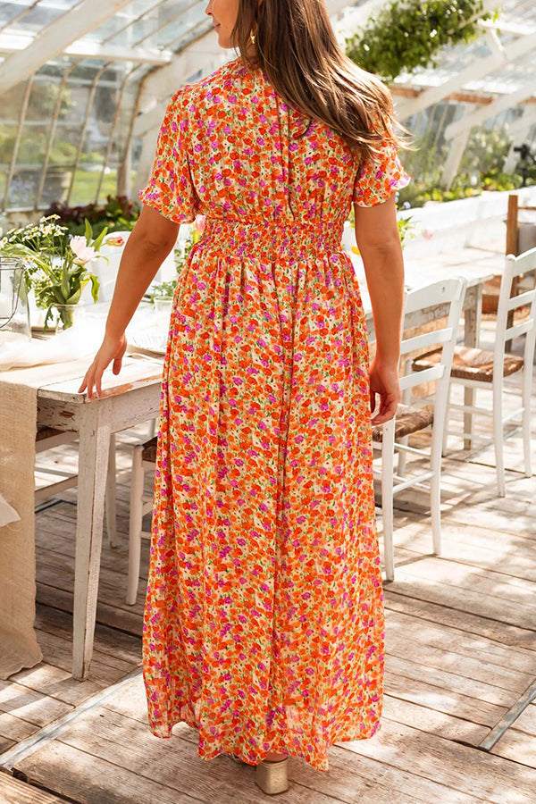 Print V-neck Short Sleeve Waist Maxi Dress