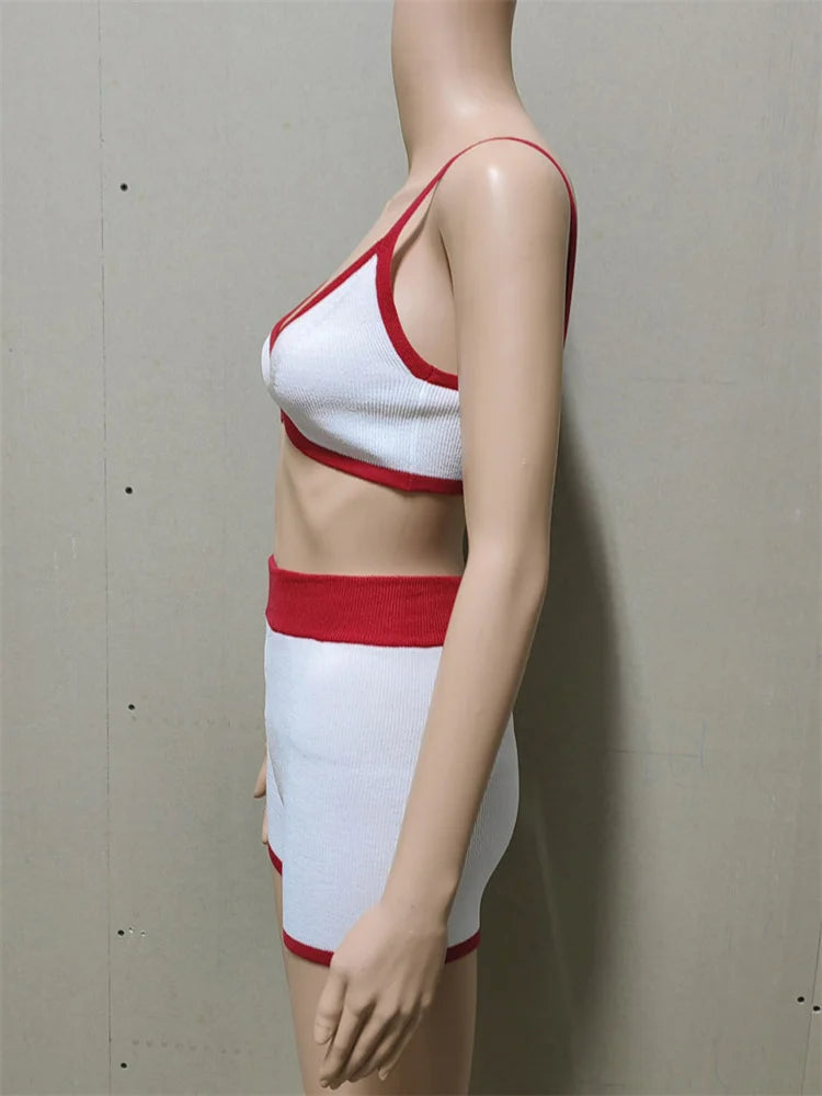 Beach Holiday Bikini for 2 Piece-set Contrast High Waist Shorts Sets Spaghetti Knit Patchwork Bikini Outfits