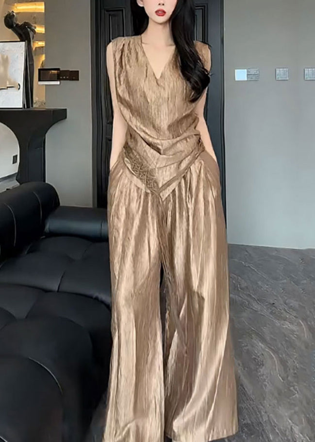 White V Neck Asymmetrical Silk Top and Pants Two Pieces Set Summer An1004