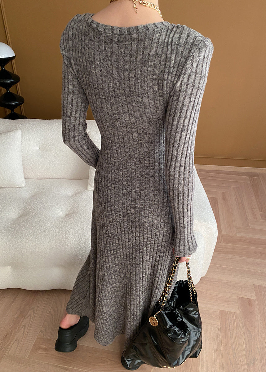 New Grey V Neck Button Cotton Knit Sweater Dress Long Sleeve Af1056