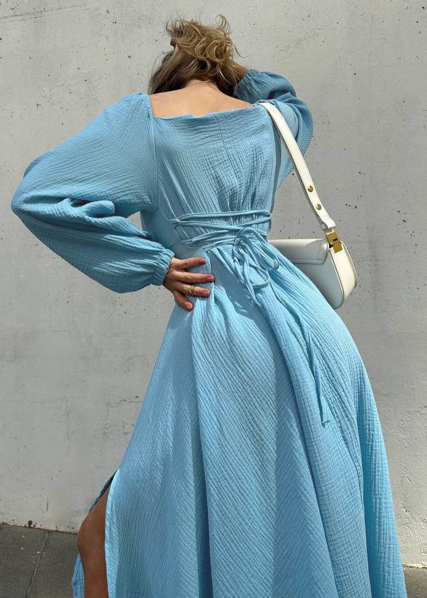 Fine Blue Square Collar Side Open Long Dress Fall Ee012