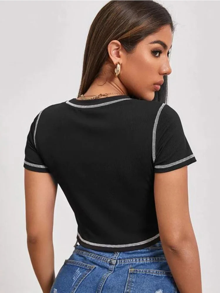 ’s Stylish Angel Letter Printed T-shirt Short Sleeve Round Neck Contrast Stitch Slim Fit Wild Crop Tops for Summer