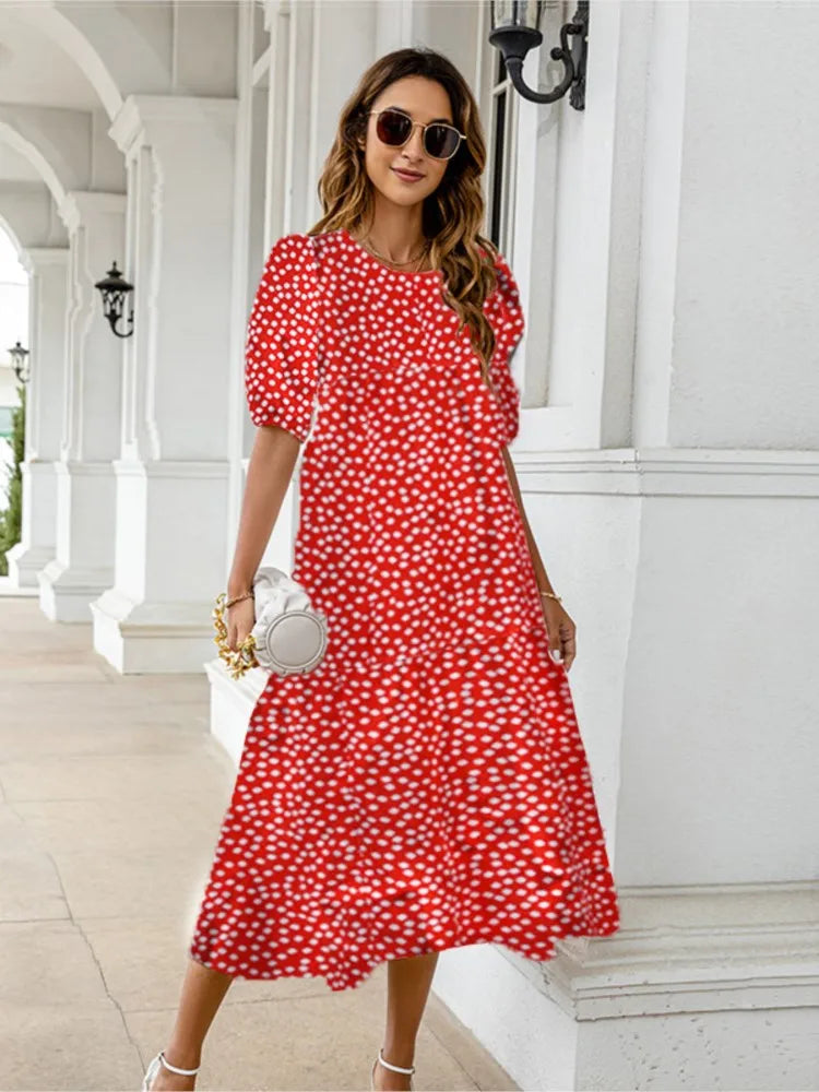 Summer New ’s Print Dress Puff Short Sleeves Ruffles Loose A-line Midi Dresses Beach Vacation Vestidos
