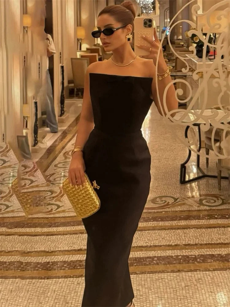 Tee Bow Backless Long Dress for Patchwork Slim Party Dress Gown Female Commute Maxi Dress