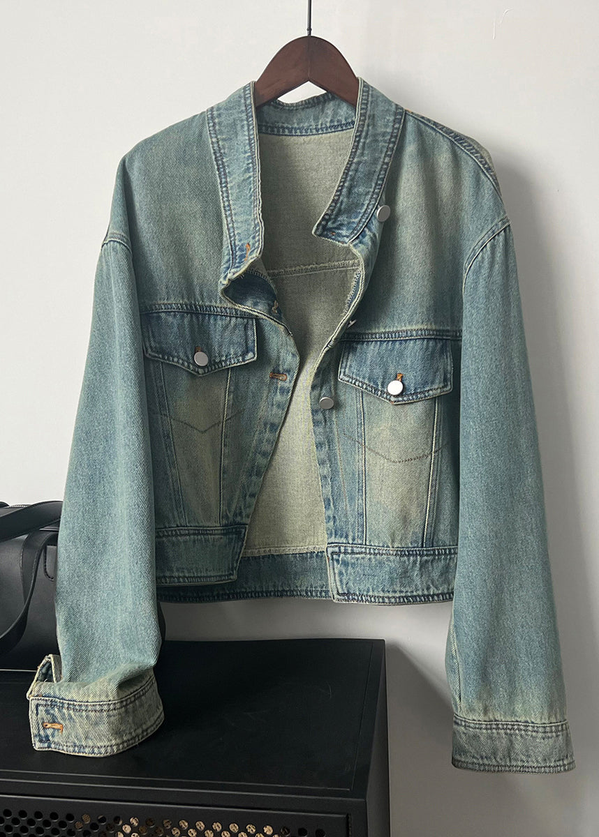 Blue Stand Collar Pockets Denim Short Coat Fall Af1029