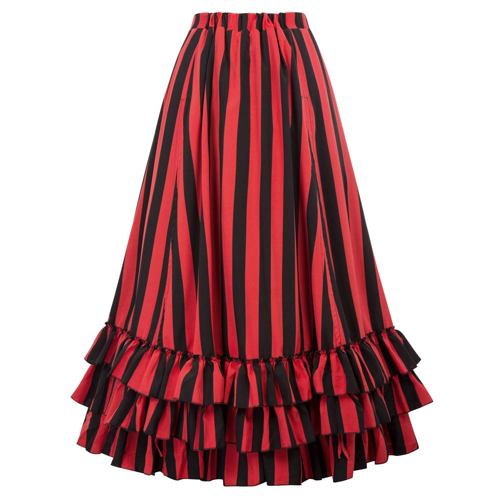 Steampunk Balck Red Striped Multi Layered Ruffled Hem Skirt