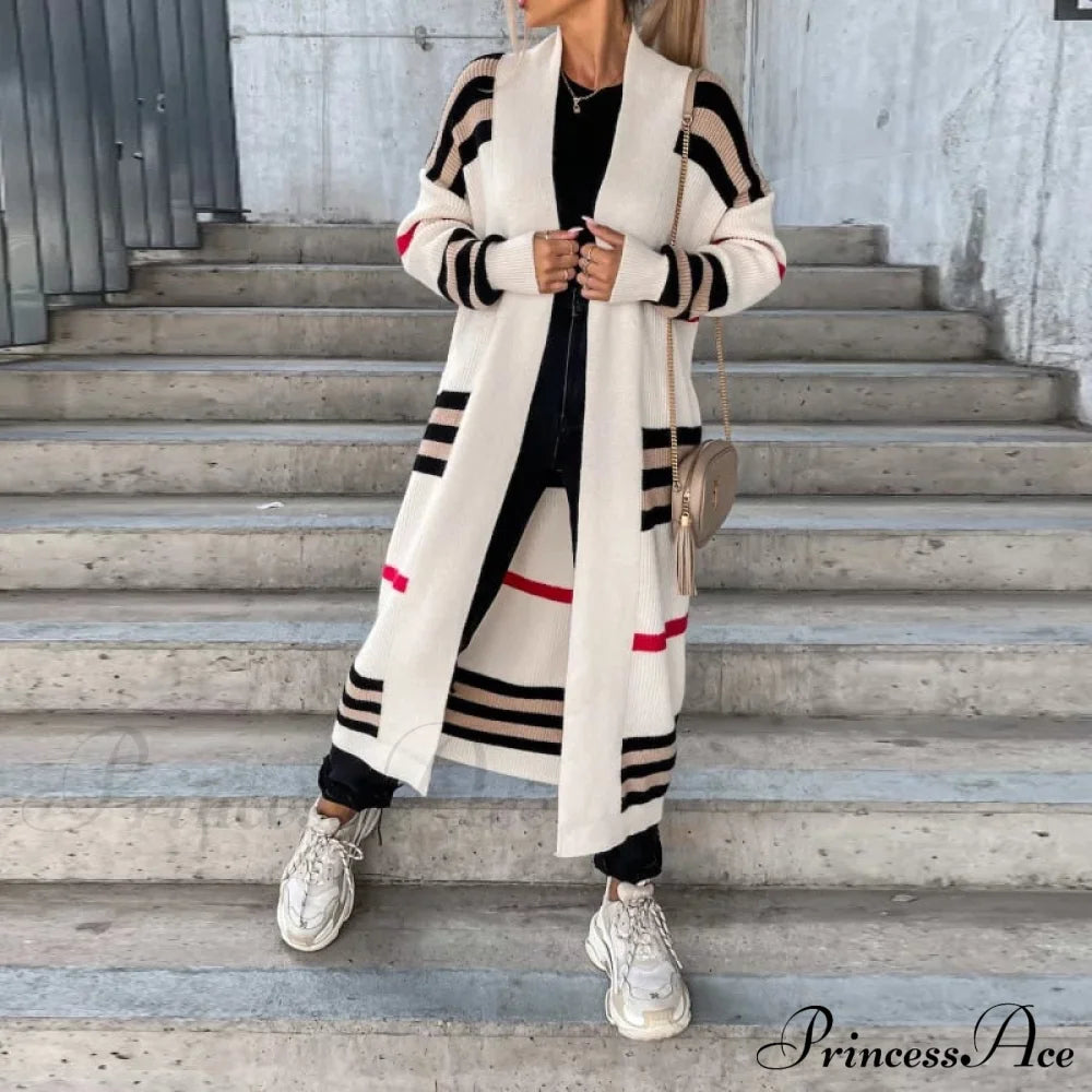Striped Color Matching Knitted Long Sweaters Cardigan