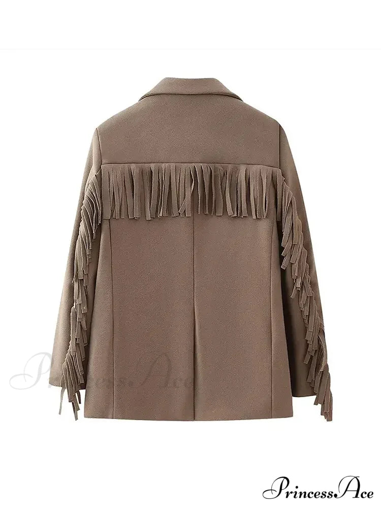 Tassels Patchwork Long Sleeves Lapel Single Breasted Buckle Slim Stylish Coat