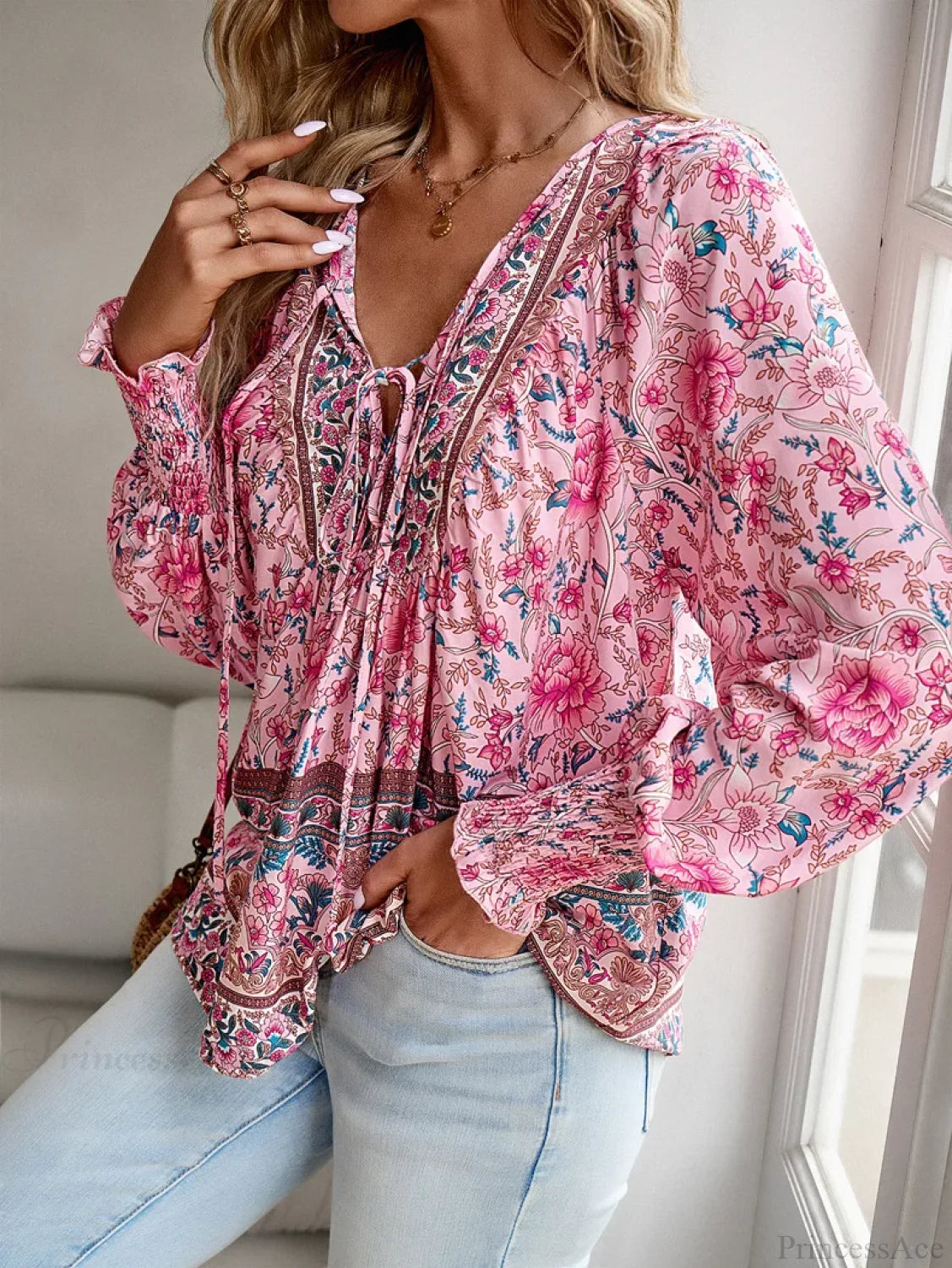 V-neck Print Long Sleeve Blouse