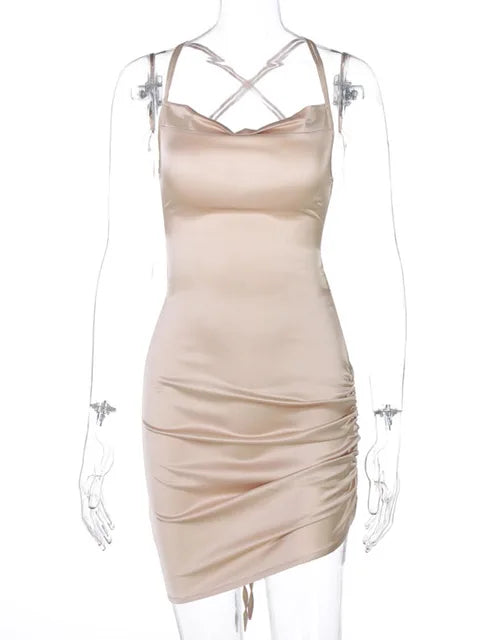 Strap Mini Dress Ruched Lace Up Cross Bandage Backless Bodycon Party Club Christmas Slim