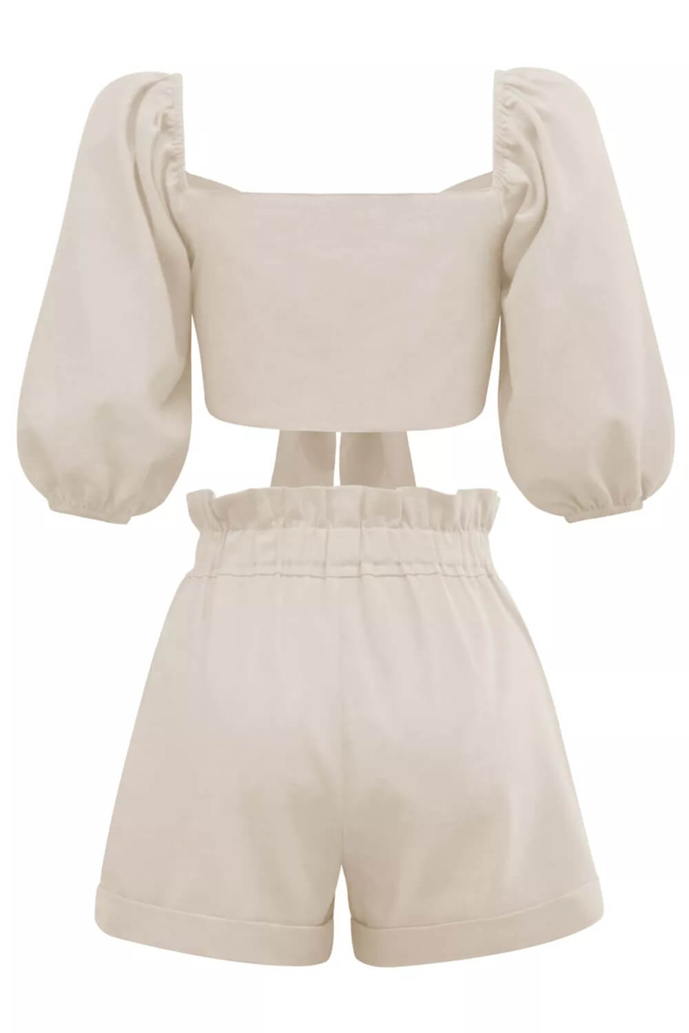 Linen Wrap Front Tie Puff Sleeve Shorts Sets in Khaki